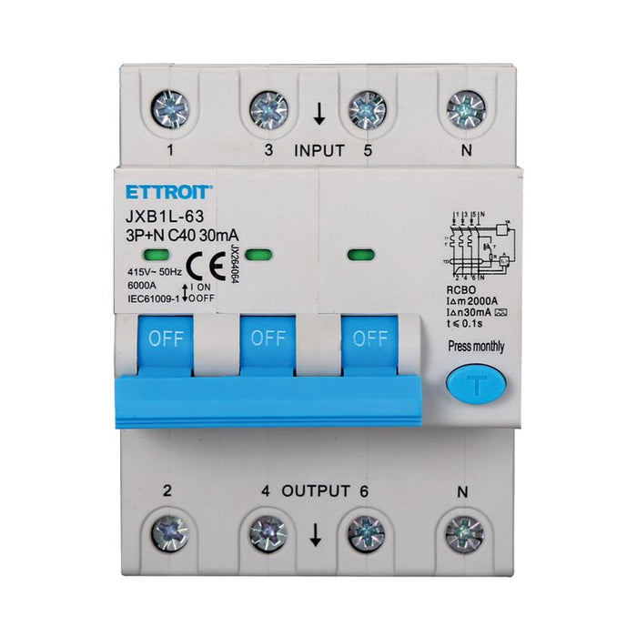 ETTROIT RCBO Interruttore Magnetotermico Differenziale Tipo A Curva C 3P+N 4M 6000A 30mA C40A AC 400V IP20 IEC61009-1