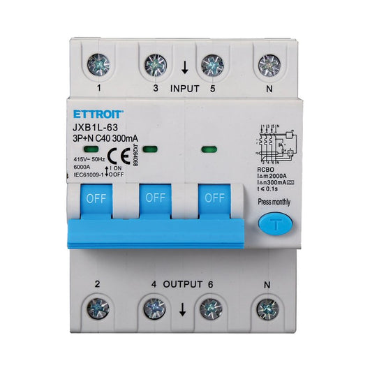 ETTROIT RCBO Interruttore Magnetotermico Differenziale Tipo A Curva C 3P+N 4M 6000A 300mA C40A AC 400V IP20 IEC61009-1