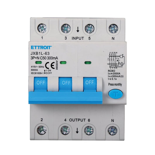 ETTROIT RCBO Interruttore Magnetotermico Differenziale Tipo A Curva C 3P+N 4M 6000A 300mA C50A AC 400V IP20 IEC61009-1