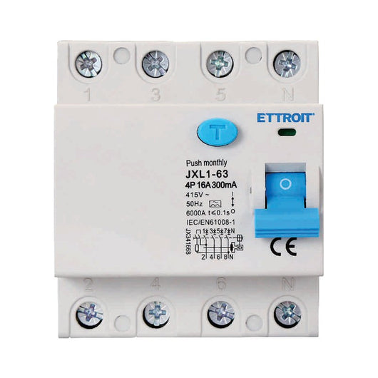 ETTROIT RCCB Interruttore Differenziale Puro Tipo A 3P+N 4M 6000A 300mA 16A AC 400V IP20 IEC61008-1