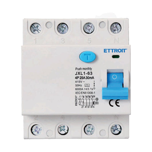 ETTROIT RCCB Interruttore Differenziale Puro Tipo A 3P+N 4M 6000A 30mA 25A AC 400V IP20 IEC61008-1