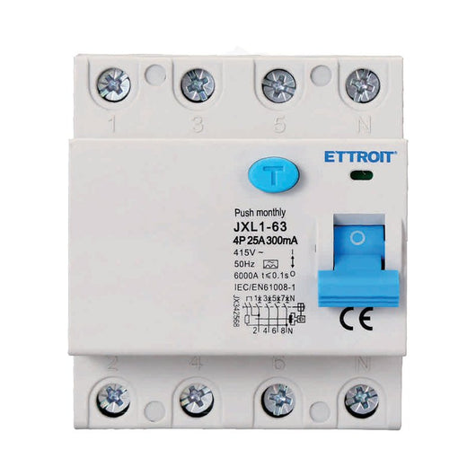 ETTROIT RCCB Interruttore Differenziale Puro Tipo A 3P+N 4M 6000A 300mA 25A AC 400V IP20 IEC61008-1