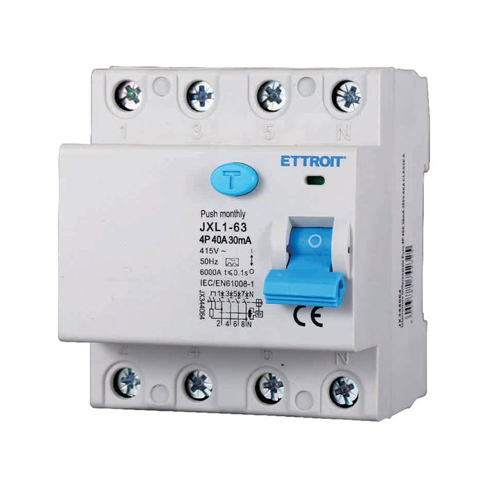 ETTROIT RCCB Interruttore Differenziale Puro Tipo A 3P+N 4M 6000A 30mA 40A AC 400V IP20 IEC61008-1