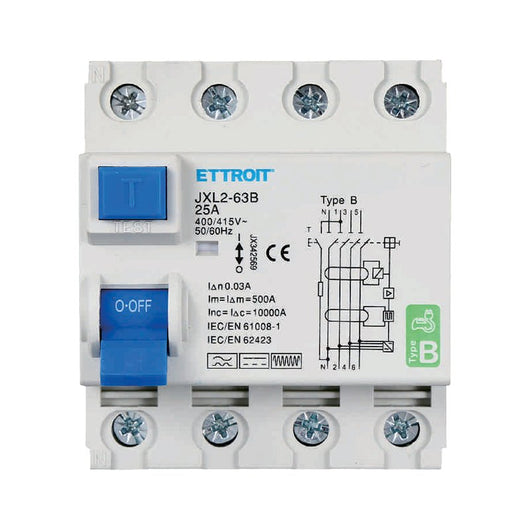 ETTROIT RCCB Interruttore Differenziale Puro Tipo B 3P+N 4M 10000A 30mA 25A AC 400V IP20 IEC61008-1 / IEC62423