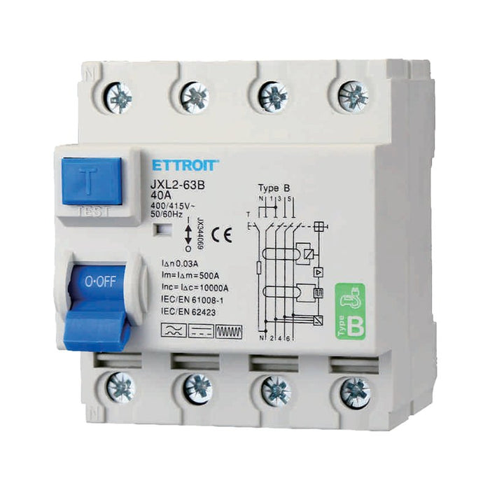 ETTROIT RCCB Interruttore Differenziale Puro Tipo B 3P+N 4M 10000A 30mA 40A AC 400V IP20 IEC61008-1 / IEC62423