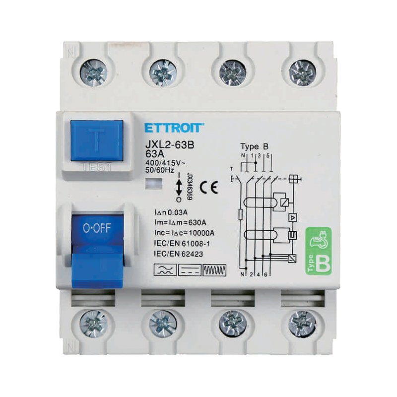 ETTROIT RCCB Interruttore Differenziale Puro Tipo B 3P+N 4M 10000A 30mA 63A AC 400V IP20 IEC61008-1 / IEC62423