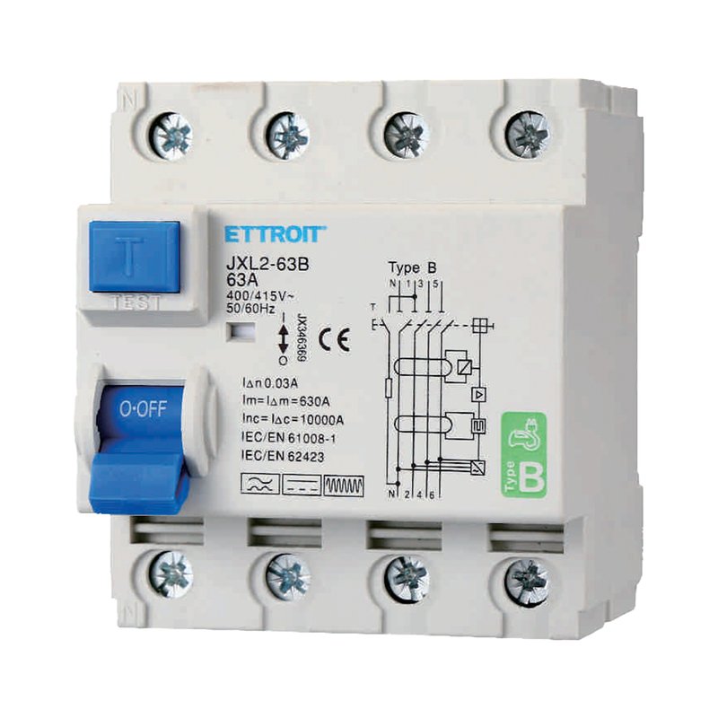 ETTROIT RCCB Interruttore Differenziale Puro Tipo B 3P+N 4M 10000A 30mA 63A AC 400V IP20 IEC61008-1 / IEC62423