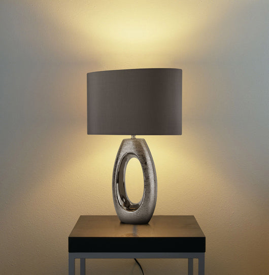 Lampada Da Scrivania Artigiano Ceramica Cromo Tessuto Grigio 1 Luce E27