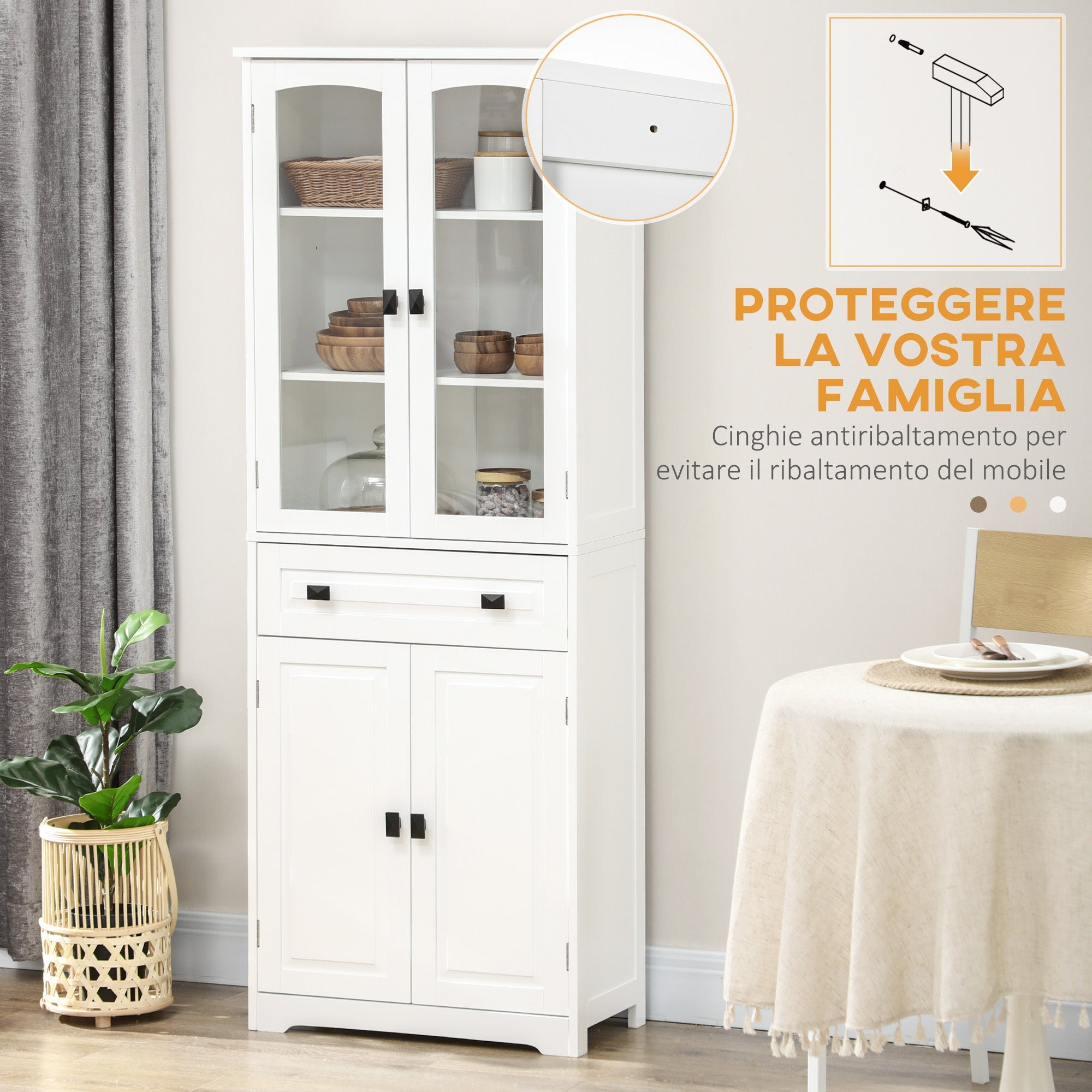 Credenza da Cucina Alta con 2 Armadietti e Cassetto 60x30x160 cm Bianco