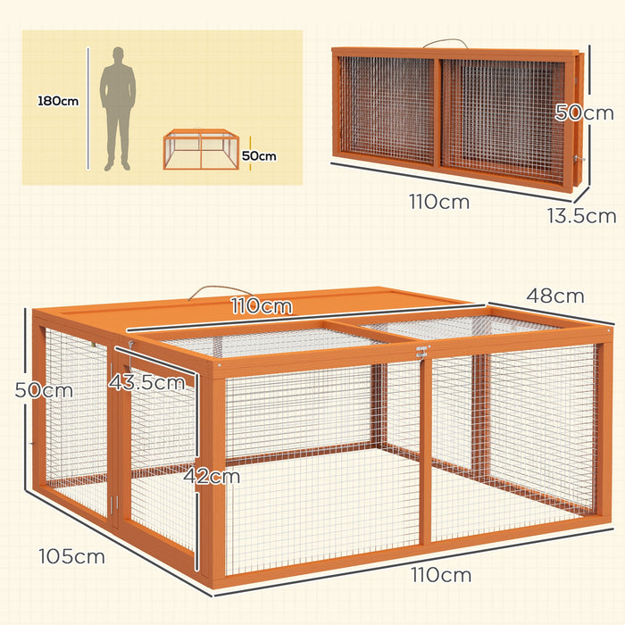 Conigliera da Esterno Pieghevole per 2-3 Roditori con Ingressi Multipli 110x105x50 cm in Legno e Acciaio Arancione