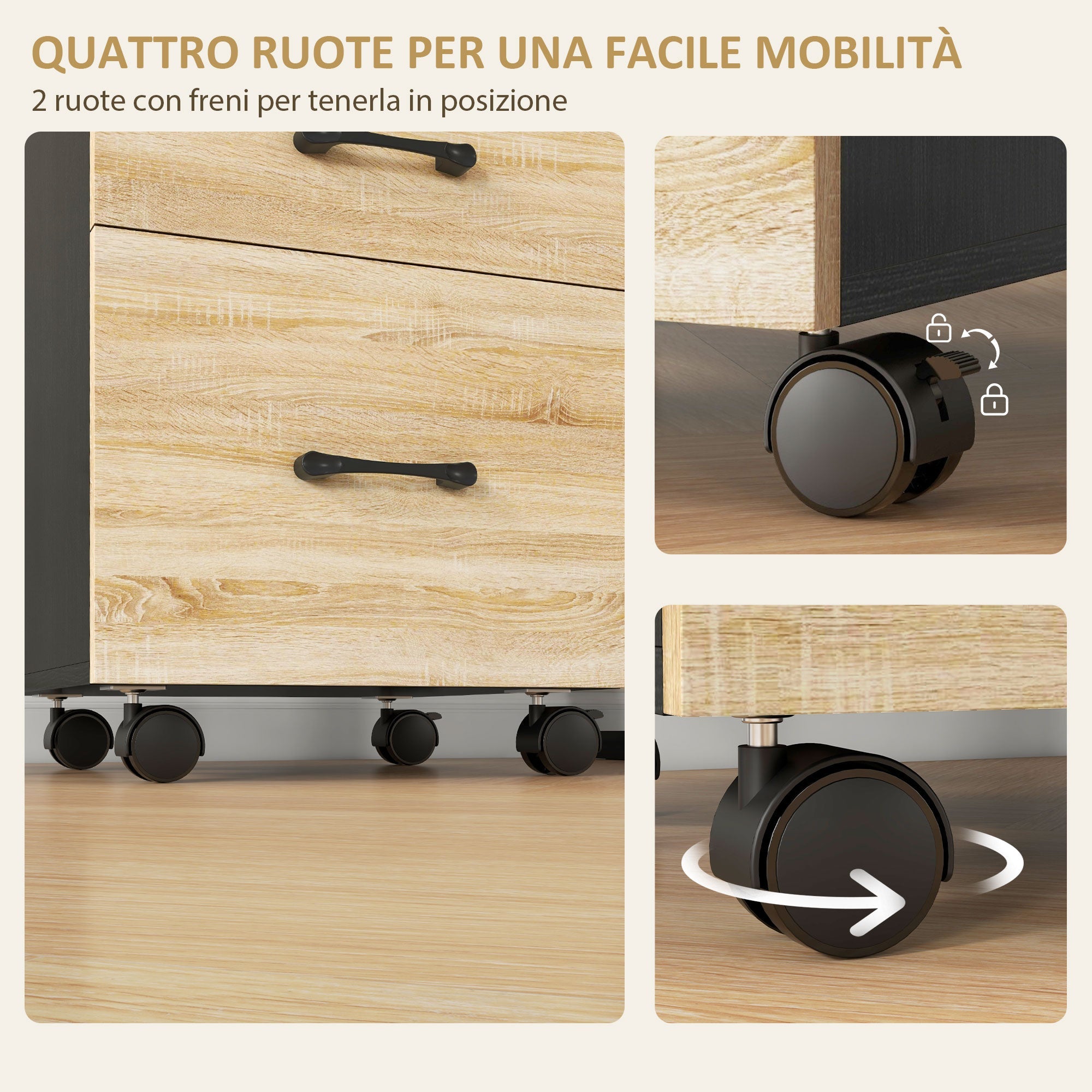 Cassettiera Ufficio con 3 Cassetti e Ruote 40x42x65 cm in Truciolato Rovere e Nero