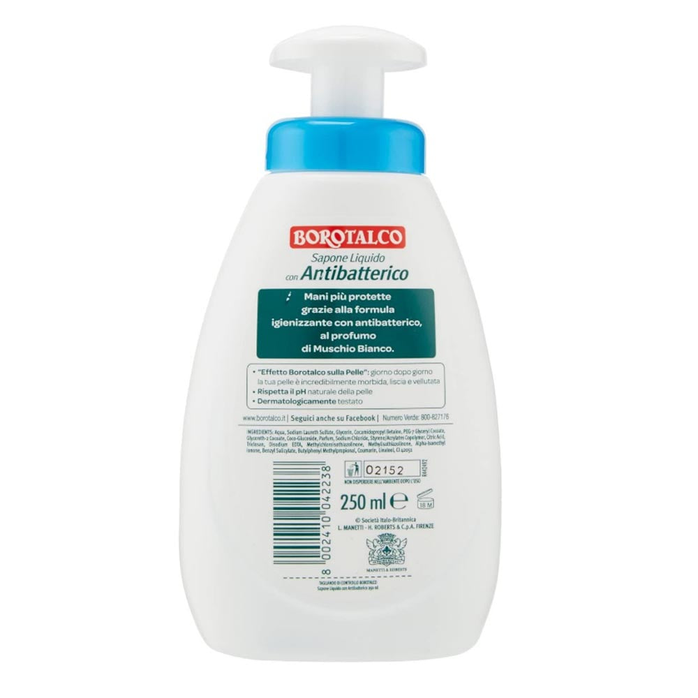 Borotalco sapone con antibatterico igienizzante al muschio bianco 8 flaconi da 250 ml ciascuno