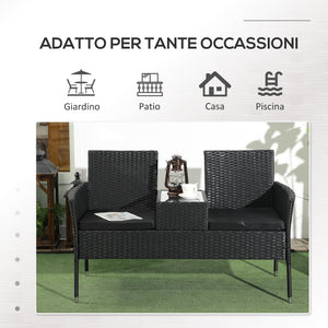 Divanetto per Esterni 2 Posti con Tavolino da Caffè 137x59x82 cm in Acciaio e Rattan PE Nero