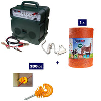 Kit recinto elettrico con 1x Elettrificatore B12 a batteria 12V o 220V + 1x Filo 1000MT 4Mm² + 200pz isolatori per legno