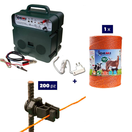 Kit recinto elettrico - 1x Elettrificatore B12 batteria 12V o corrente 220V + 1x Filo 1000MT 4Mm² + 200 isolatori ferro