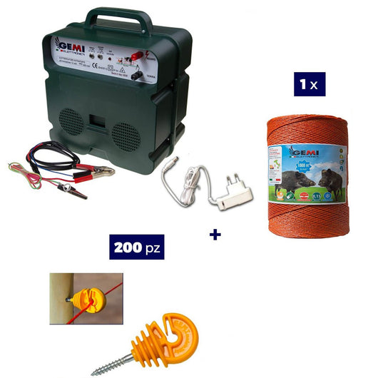 Kit recinto elettrico - 1x Elettrificatore B12 batteria 12V o 220V + 1x Filo 1000MT 6Mm² + 200pz isolatori per legno