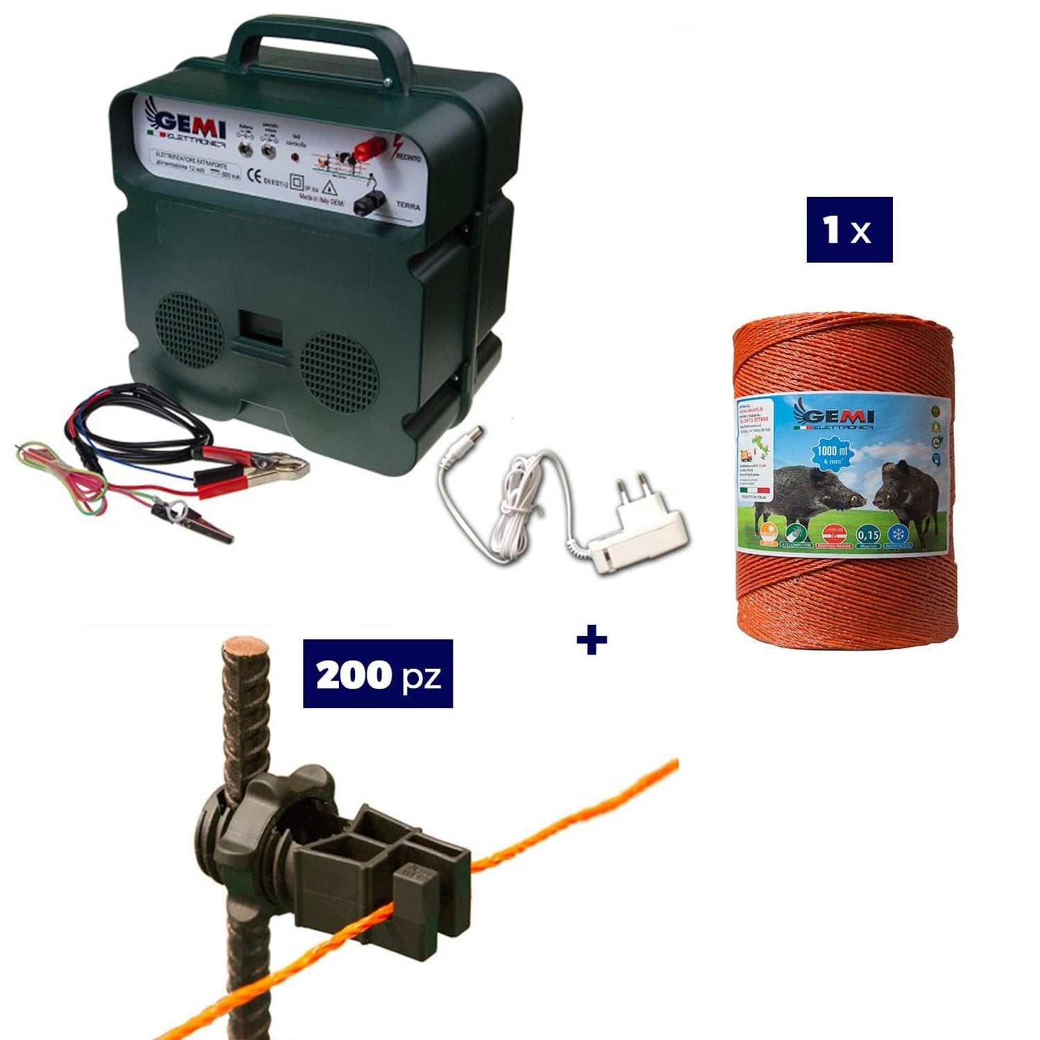 Kit recinto elettrico - 1 x Elettrificatore B12 a batteria 12V o 220V + 1x Filo 1000MT 6Mm² + 200pz isolatori per ferro