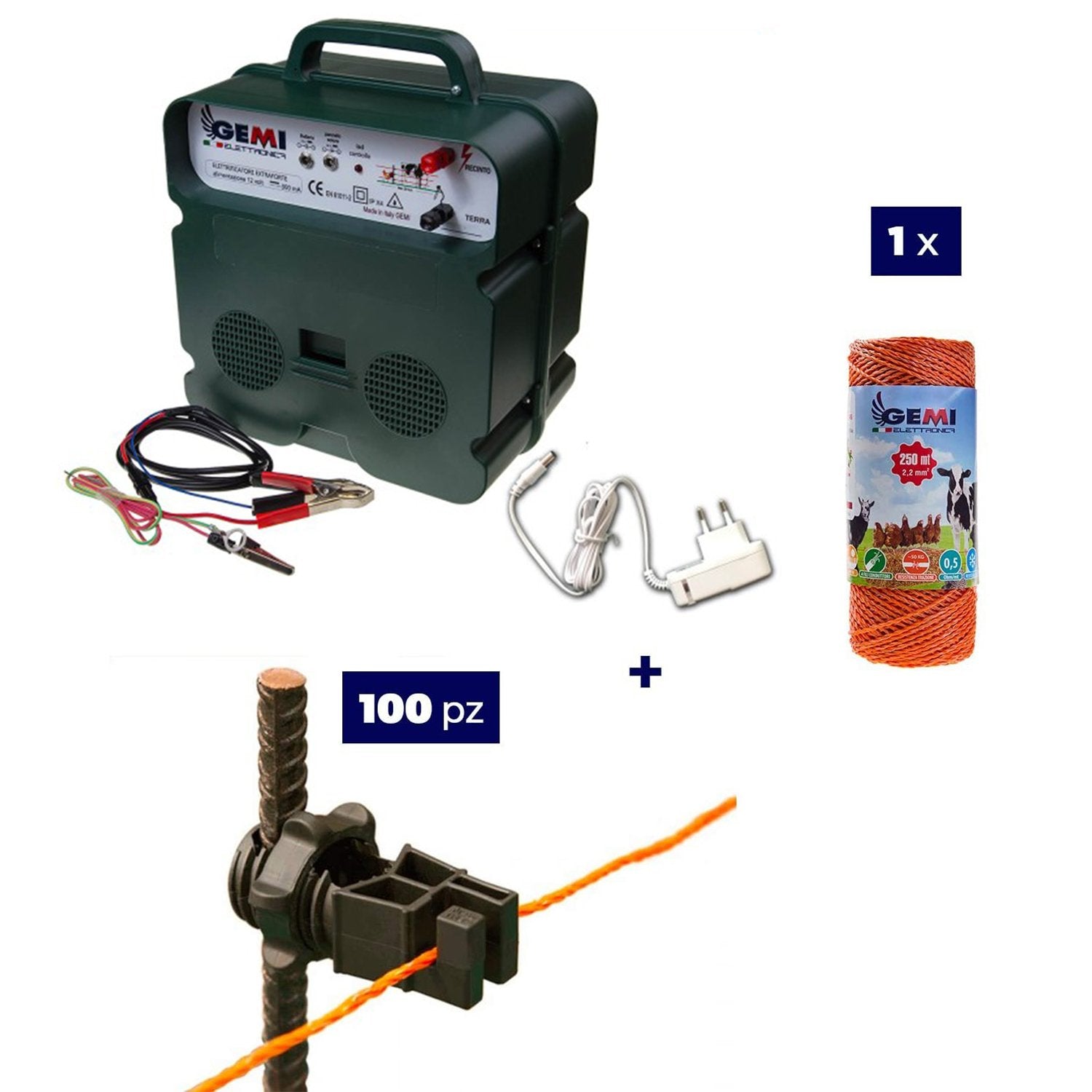 Kit recinto elettrico 1x Elettrificatore B12 batteria 12V o corrente 220 V + 1x Filo 250MT 2.2Mm² + 100 isolatori ferro