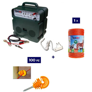 Kit recinto elettrico 1x Elettrificatore B12 a batteria 12V o corrente 220V + 1x Filo 250MT 2.2Mm² + 100 isolatori legno