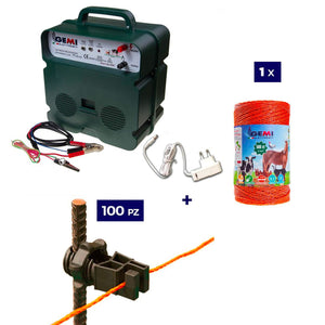 Kit recinto elettrico 1 x Elettrificatore B12 a batteria 12V o corrente 220V + 1x Filo 500MT 4Mm² + 100 isolatori ferro