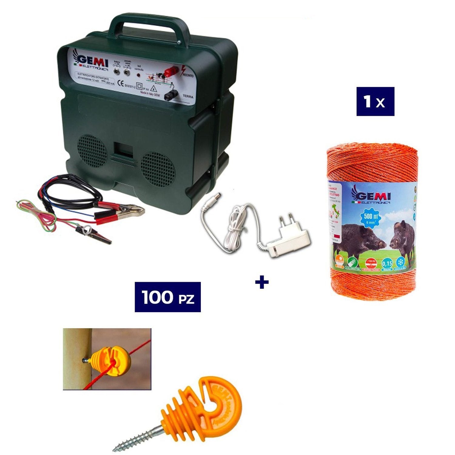 Kit completo recinto elettrico - 1 x Elettrificatore B12 a 12V o 220V + 1x Filo 500MT 6Mm² + 100pz isolatori per legno