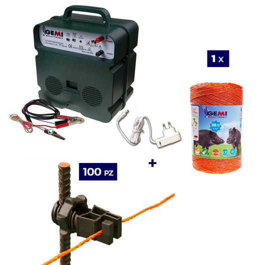 Kit per recinto elettrico - 1x Elettrificatore B12 batteria 12V o 220V + 1x Filo 500MT 6Mm² + 100pz isolatori per ferro