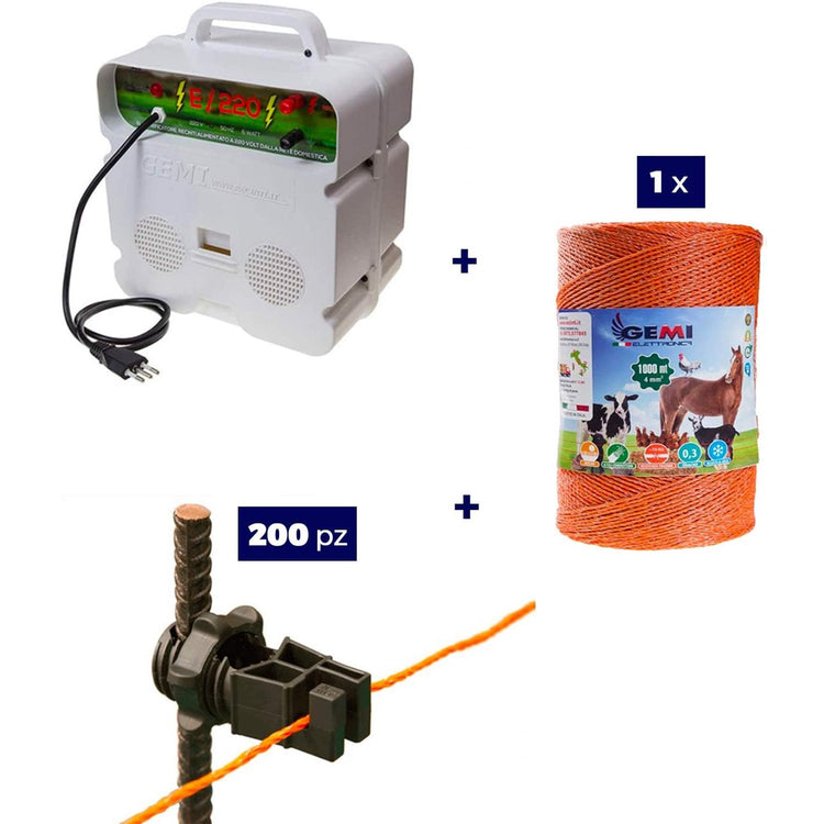 Kit completo per recinto elettrico con 1x Elettrificatore 220V + 1x Filo 1000 MT 4 Mm² + 200pzi isolatori per pali ferro