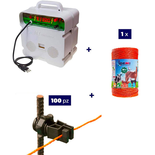 Kit completo per recinto elettrico - 1x Elettrificatore 220V + 1x Filo 500 MT 4 Mm² + 100pz isolatori per pali in ferro