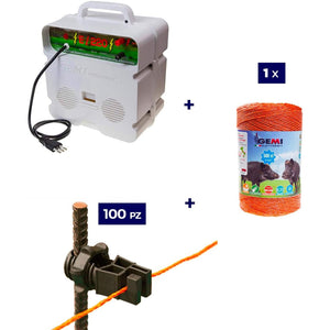 Kit completo per recinto elettrico con 1x Elettrificatore 220V + 1x Filo 500 MT 6 Mm² + 100 pz isolatori per pali ferro