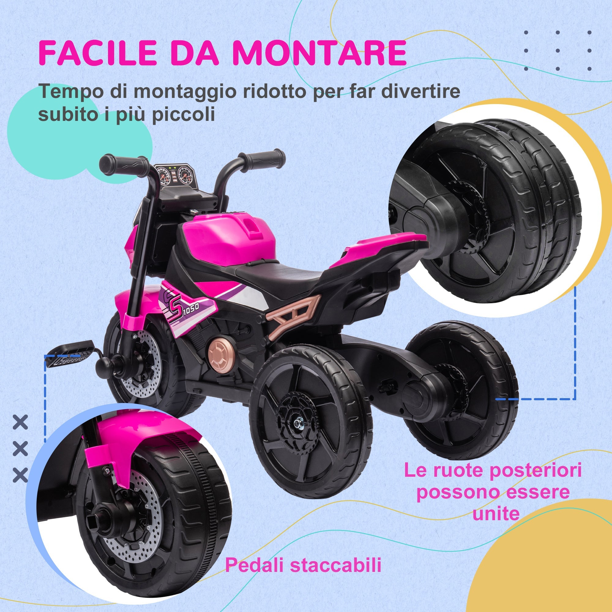 Triciclo Elettrico per Bambini 3 in 1 con Fari Musica e Clacson Rosa