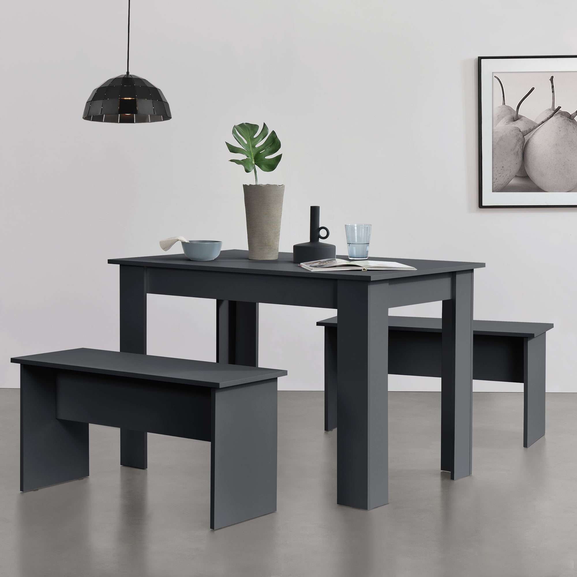 Set per Sala da Pranzo Composto di Tavolo e 2 Panche Mobili in Design Minimal Set da Pranzo Fino a 4 Posti - Grigio