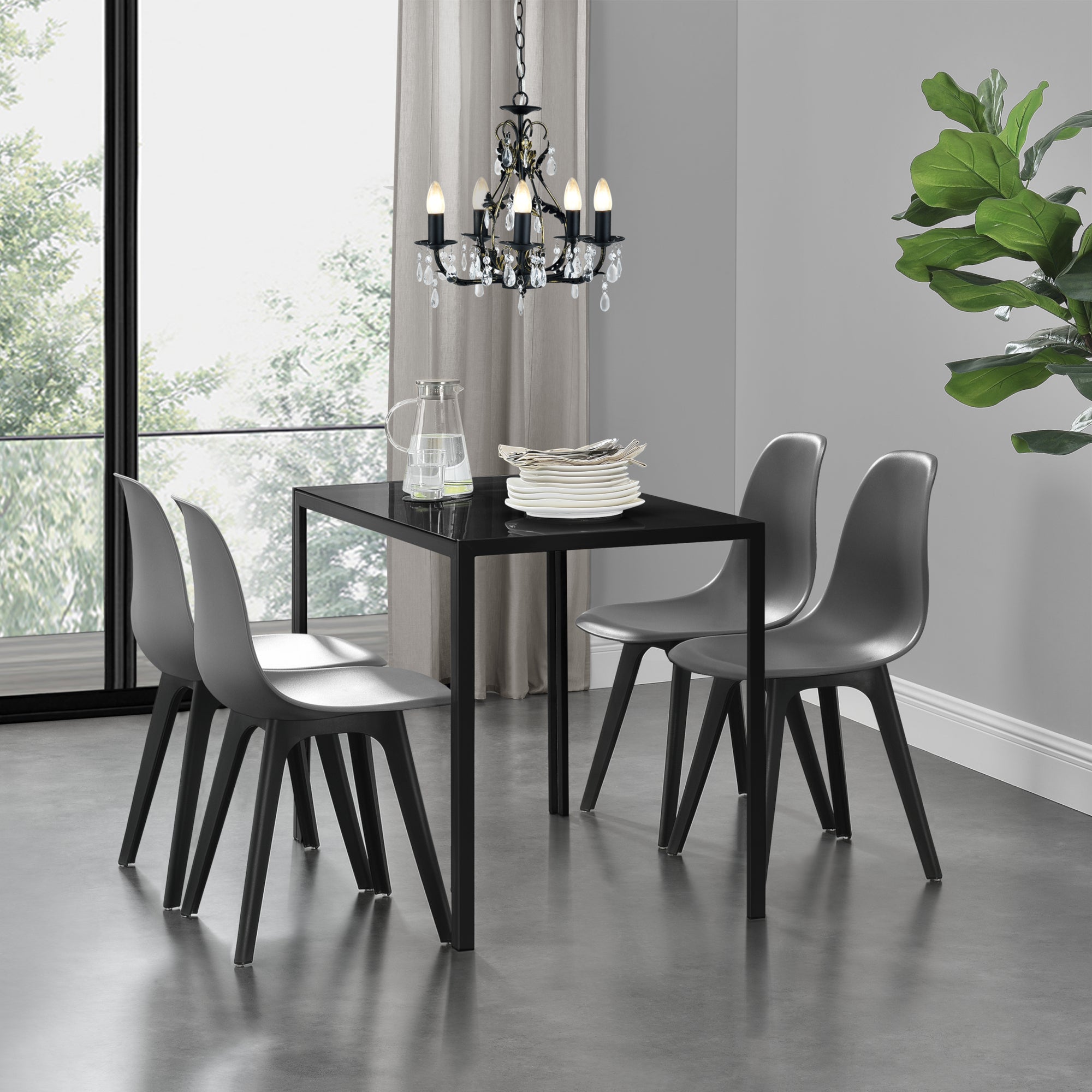 [en.casa] Arredo Sala da Pranzo  Set Tavolo Metallo Vetro 105 x 60 x 75 cm con 4 Sedie in Plastica 83 x 54 x 48 cm