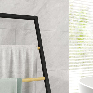 Piantana Portasciugamani da Bagno da Terra 4 Sbarre 40,5x28x98cm in Bambù e Acciaio Nero