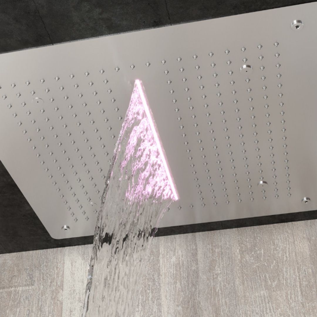 Soffione doccia led a soffitto installazione da incasso con cascata acciaio inox quadro