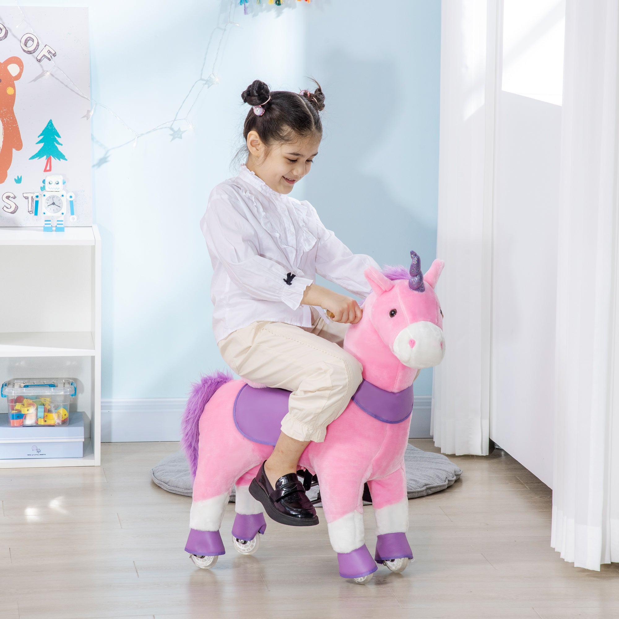 Cavallo a Dondolo per Bambini 70x32x87 cm con Ruote a Forma di Unicorno Rosa