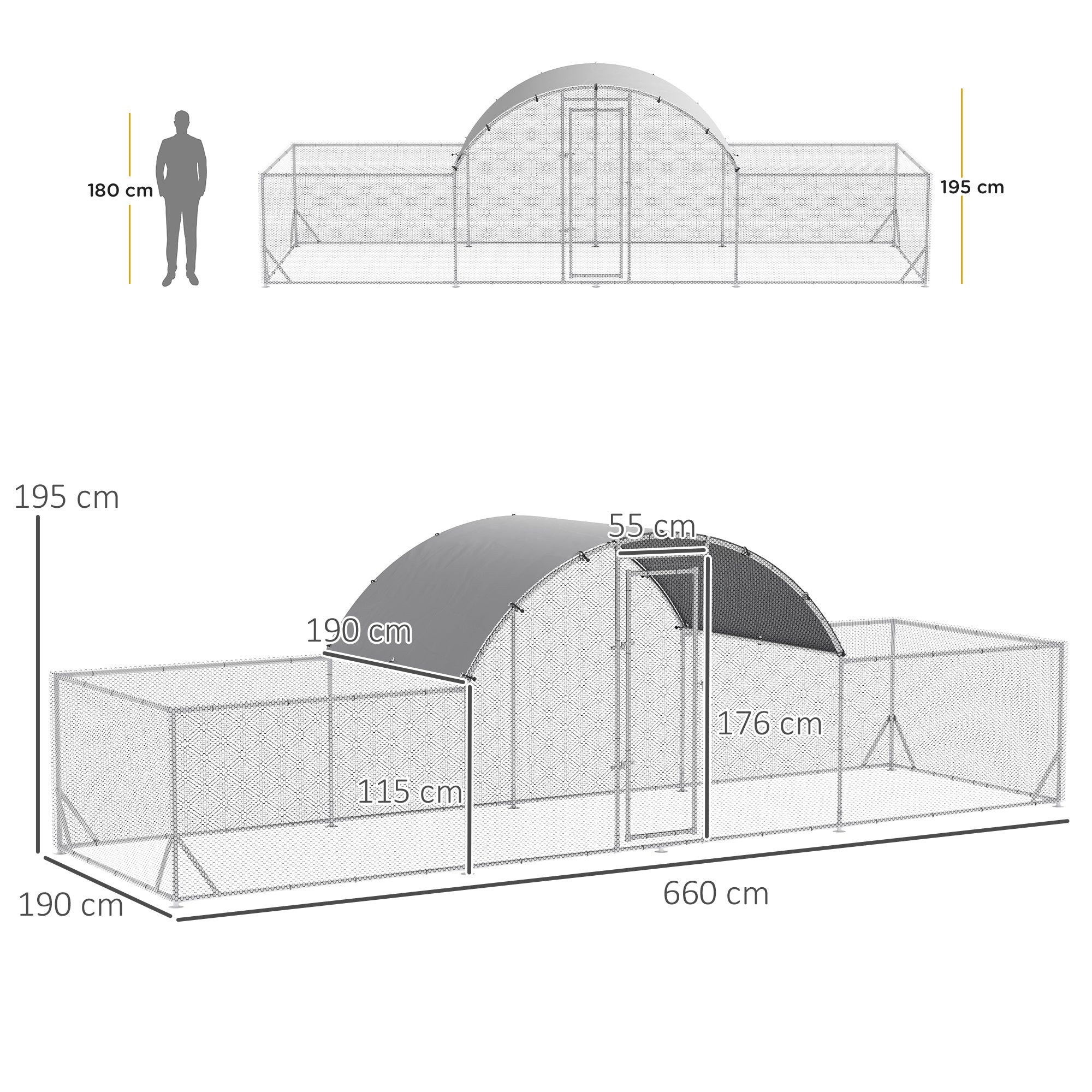 Pollaio Gabbia per Galline da Esterno 660x190x195 cm in Acciaio Zincato Grigio Argento