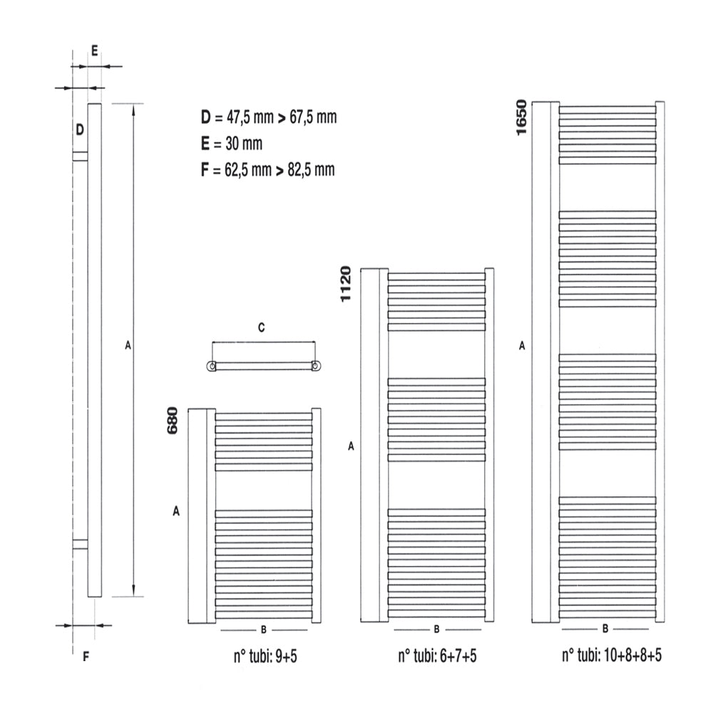 Ogomondo termoarredo cromato bagno acciaio calorifero termosifone *** misure h1650xl450xi400 31 tubi, pezzi 1