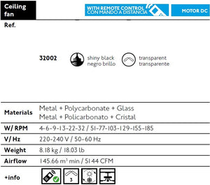 Faro 32002 Ventilatore da soffitto senza luce motore DC Diametro 128 cm e Telecomando, Nero