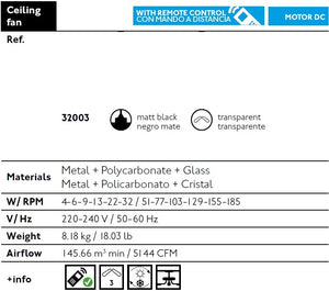 Faro 32003 Ventilatore a soffitto senza luce Motore DC Diametro 128 cm Telecomando, Nero opaco