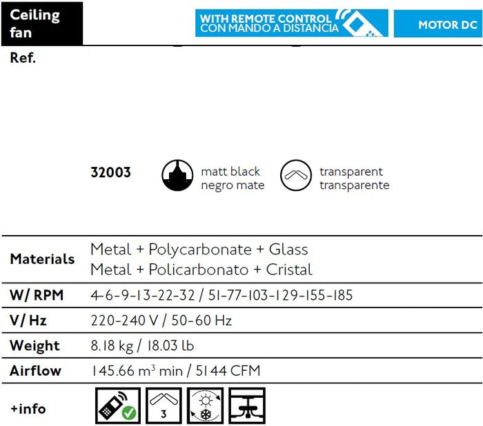 Faro 32003 Ventilatore a soffitto senza luce Motore DC Diametro 128 cm Telecomando, Nero opaco