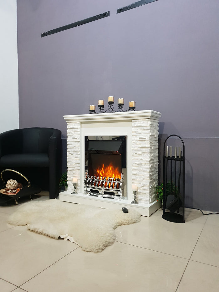 Camino Elettrico da Pavimento 90,3x98x30 cm Effetto Fiamma 2000W Rock & Galileo Silver