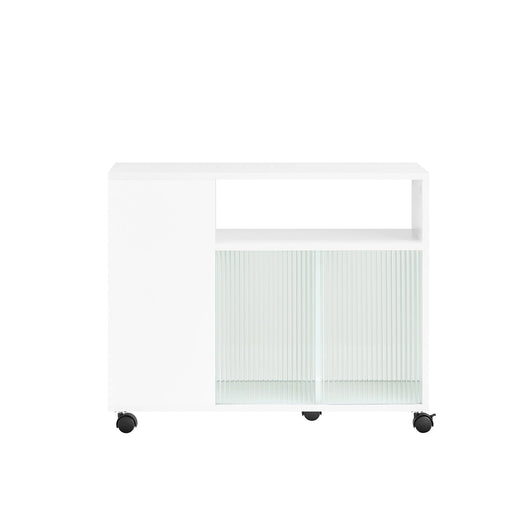 Tavolino laterale con ruote salvaspazio Carrello con ante scorrevoli in vetro Bianco 75x35x61cm FBT142-W