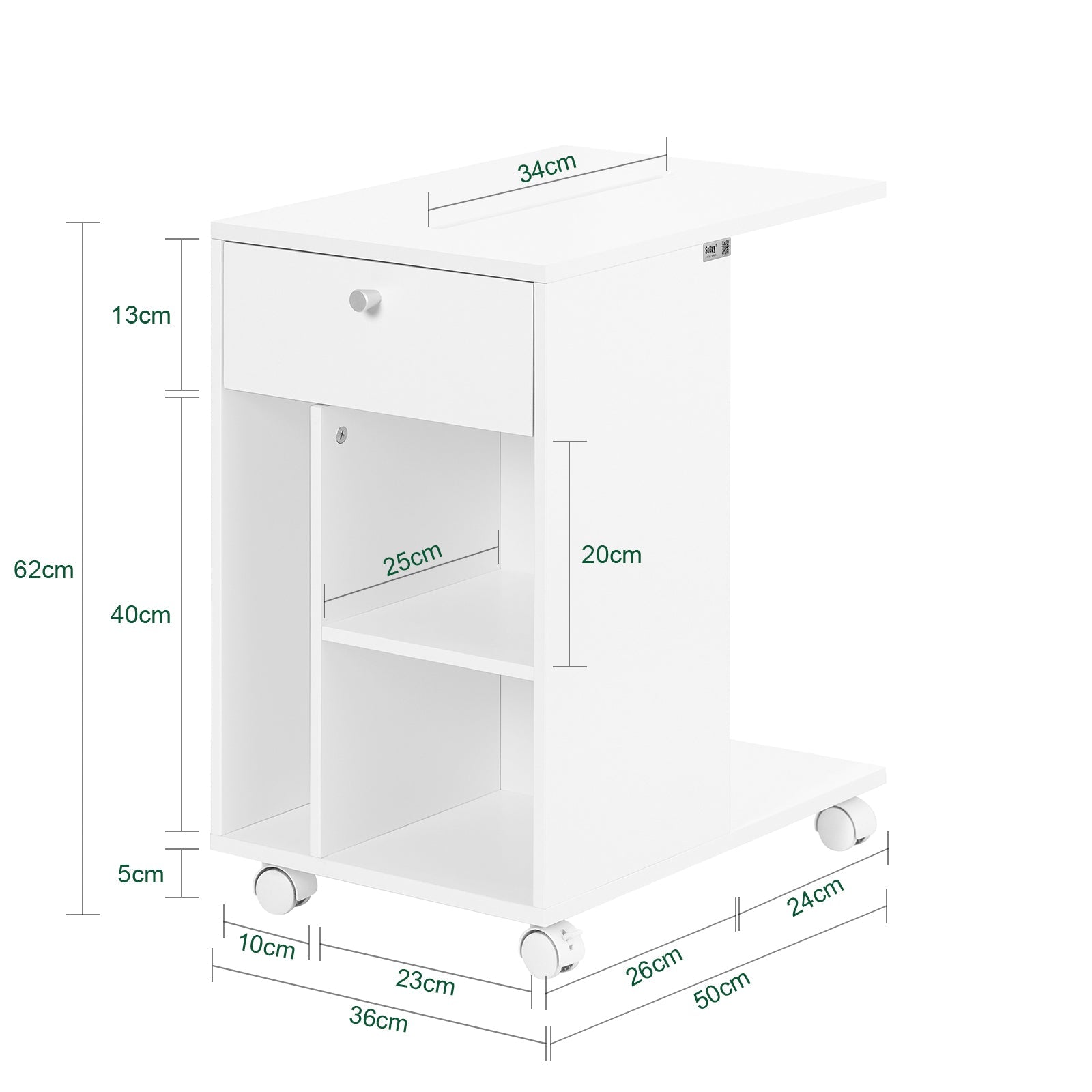 Tavolino laterale con ruote salvaspazio Comodino con 1 cassetto e 3 scomparti Tavolino telefono Bianco 36x50x62 cm FBT148-W