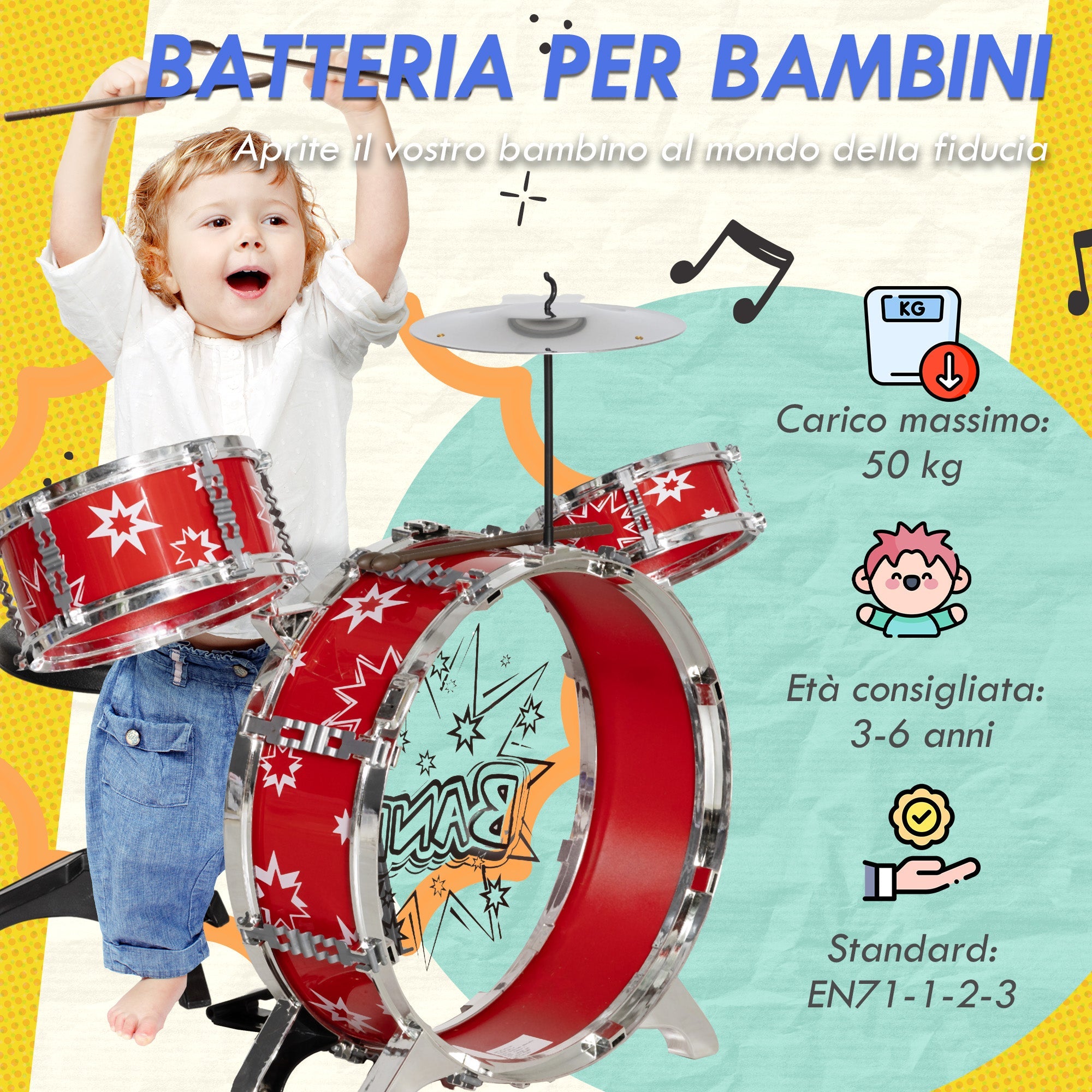 Batteria Musicale Giocattolo per Bambini Grancassa 2 Tamburi e Piatti con Bacchette e Sgabello Rosso