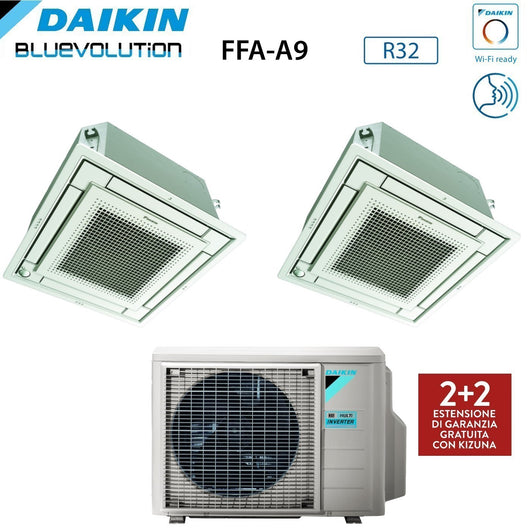 Climatizzatore Condizionatore Daikin Bluevolution Inverter Dual Split a Cassetta FFA-A 9+12 con 2MXM40A R-32 Wi-Fi Optional con Comando a Filo e Griglia Bianca 9000+12000 Garanzia Italiana