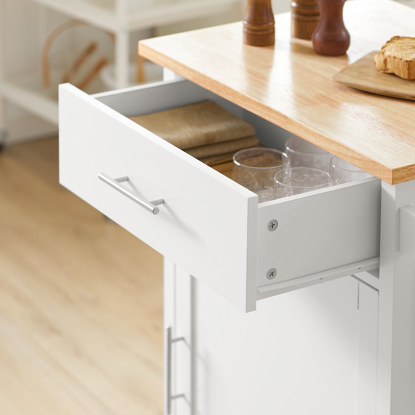 Carrello da cucina Carrello di servizio Carrello con rotelle con anta e cassetto bianco-naturale FKW102-WN