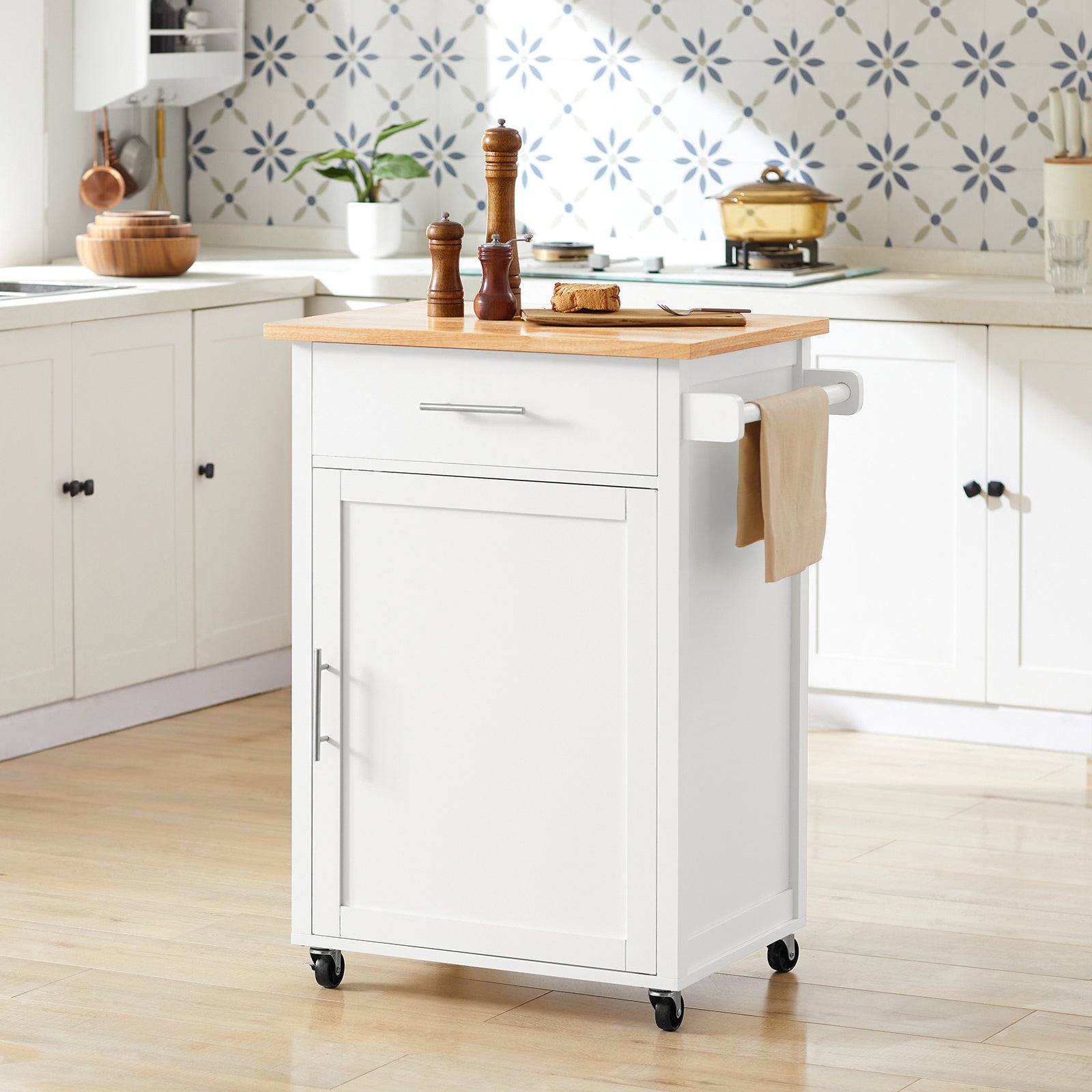 Carrello da cucina Carrello di servizio Carrello con rotelle con anta e cassetto bianco-naturale FKW102-WN