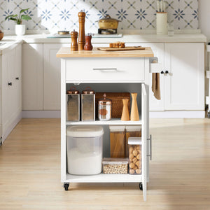 Carrello da cucina Carrello di servizio Carrello con rotelle con anta e cassetto bianco-naturale FKW102-WN