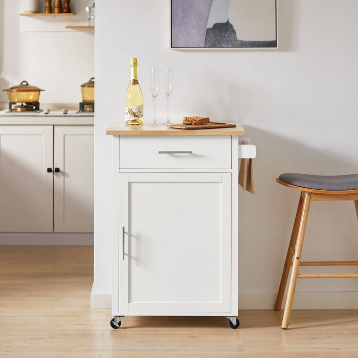 Carrello da cucina Carrello di servizio Carrello con rotelle con anta e cassetto bianco-naturale FKW102-WN