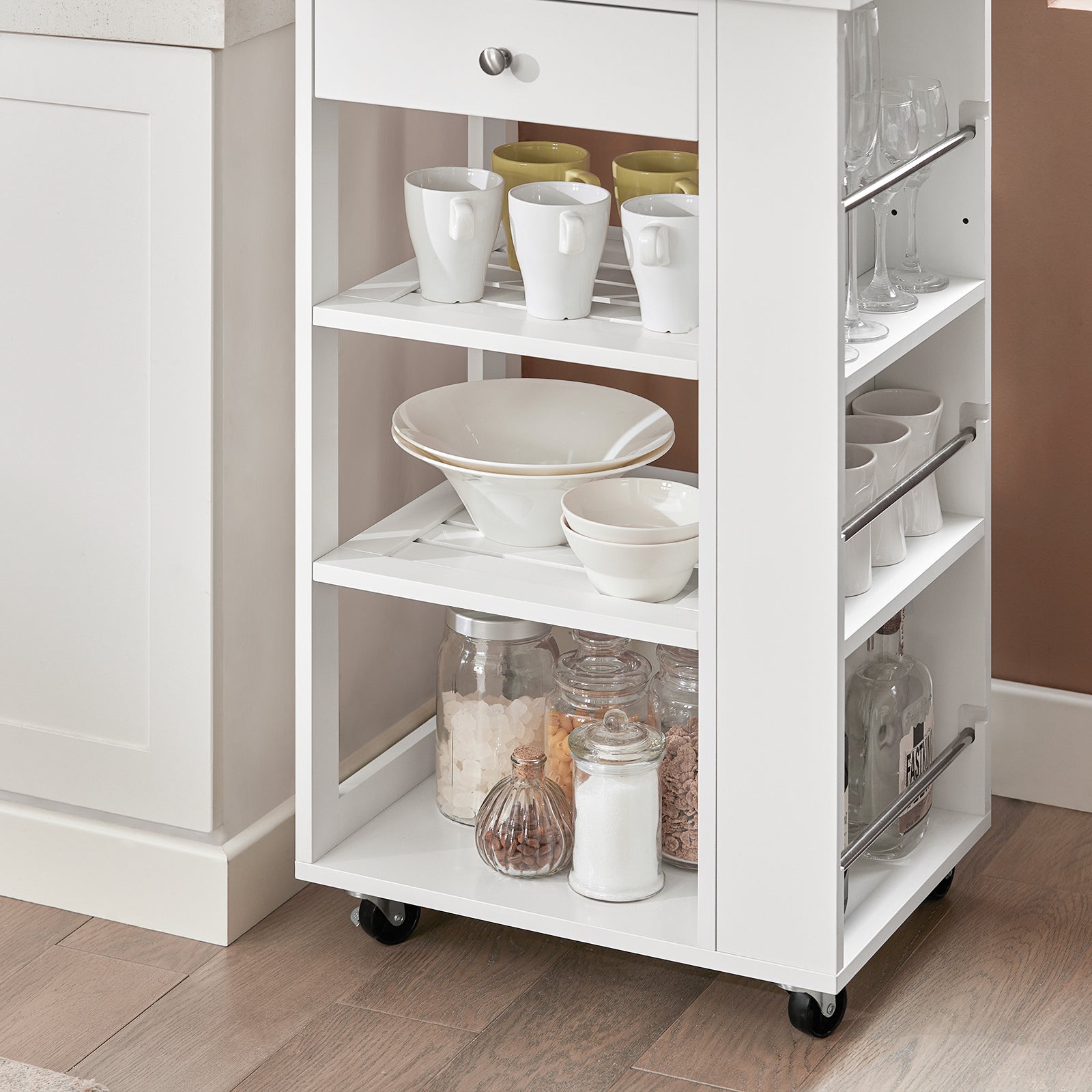 Mobiletto Cucina Salvaspazio Carrello Cucina Con Cassetti Credenza Soggiorno Moderno Con Ruote Mobile Dispensa L50*P37*A86 Cm FKW12-II-W SoBuy